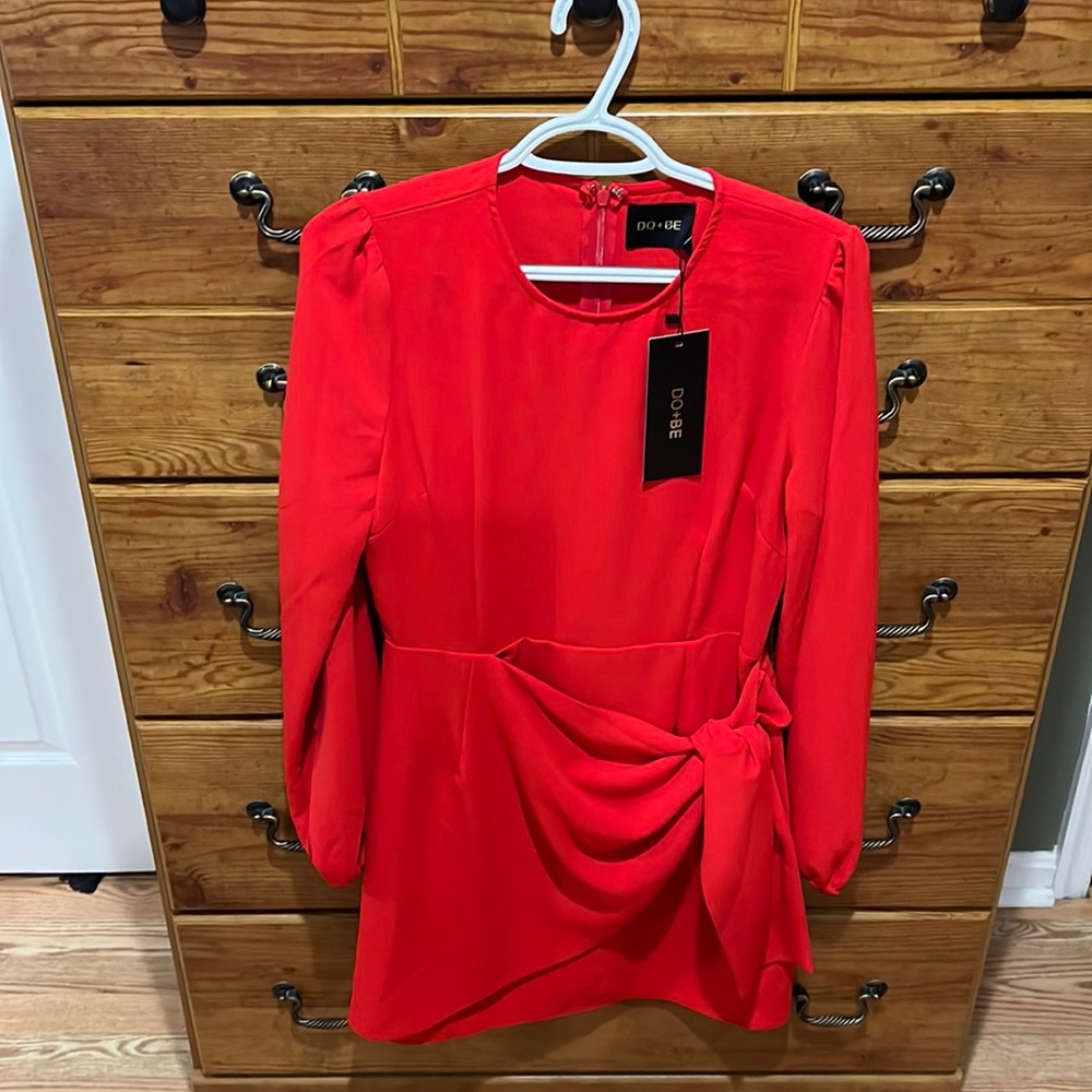 Red Long Sleeve Wrap Waist Dress